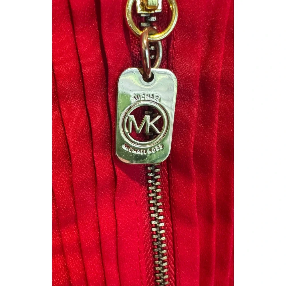 Michael Kors Women's Pleated Zip Front Roll Tab Red Blouse Size Medium
